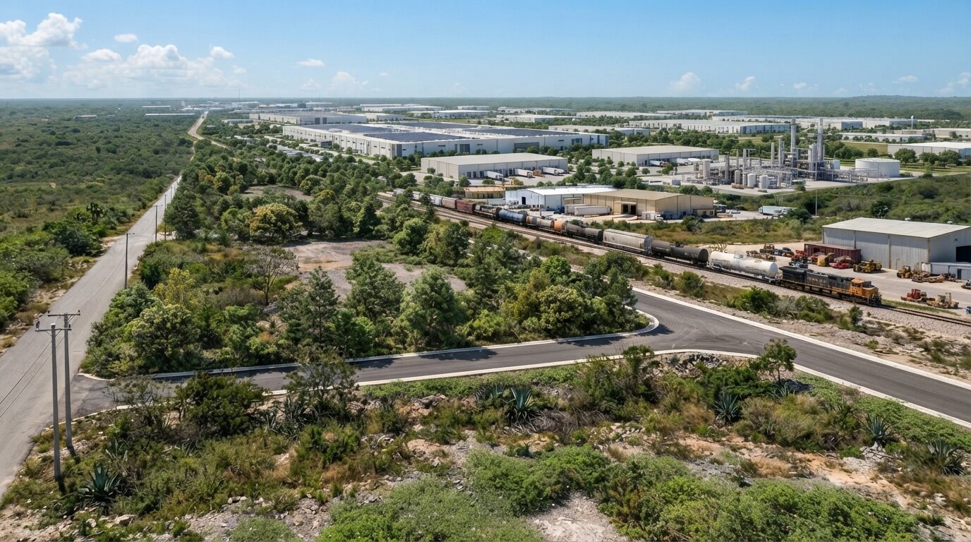 Parque industrial con bodegas y vía de ferrocarril de carga cerca de Mérida, Yucatán