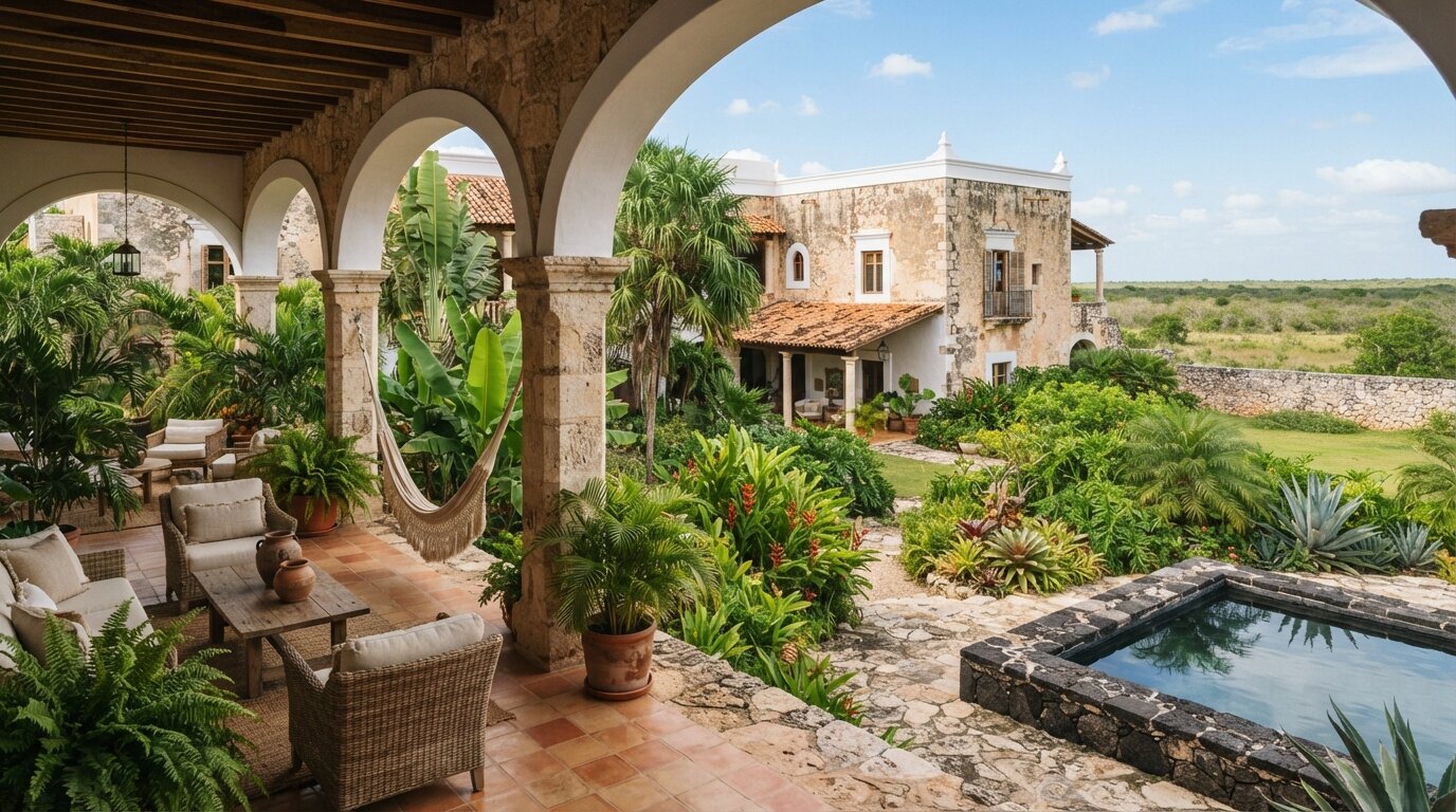 Propiedad hotelera boutique rural en el interior de Yucatán con arquitectura de estilo hacienda y terreno abierto